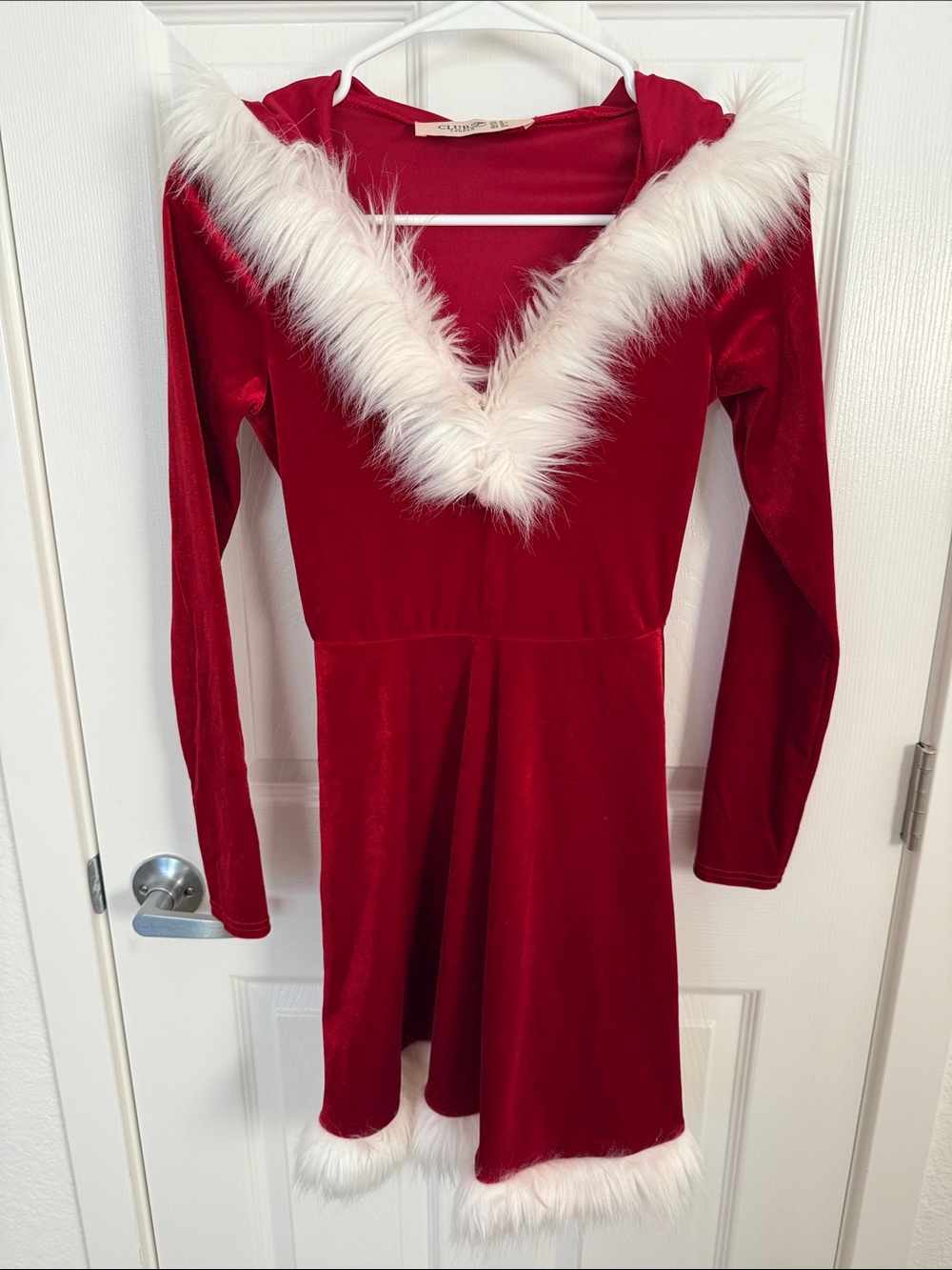 Women’s Red Velvet Santa Dress with White Faux Fur Trim and hood